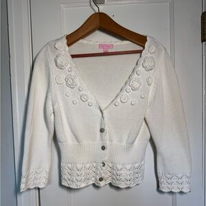 White Lily Pulitzer Floral Knit Cropped Cotton Cardigan Sweater Large